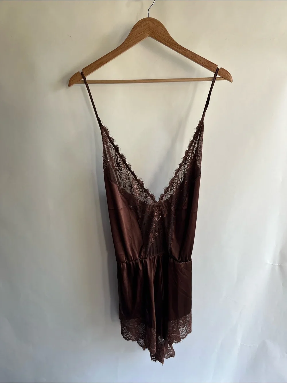 Mentionables Romper Chocolate Brown Satin And Lace Cross Back Sz 2X Adjustable